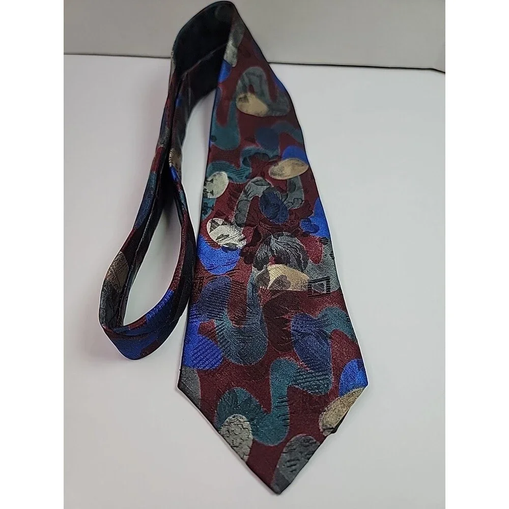 Towncraft Vintage Necktie Abstract Geometric Burgundy Blue Gray Tie 1960 Style